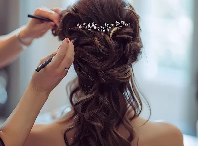 Une femme blonde avec un chignon élaboré, vue de dos, chez le coiffeur à Valence dans le Tarn-et-Garonne 82